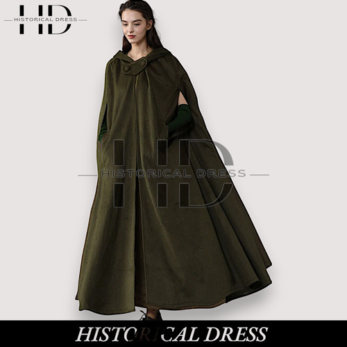 Green wool hooded cloak coat - hooded,
