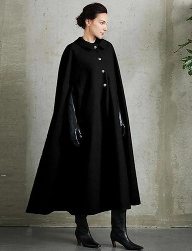 Ladies black wool cape cloak - black,